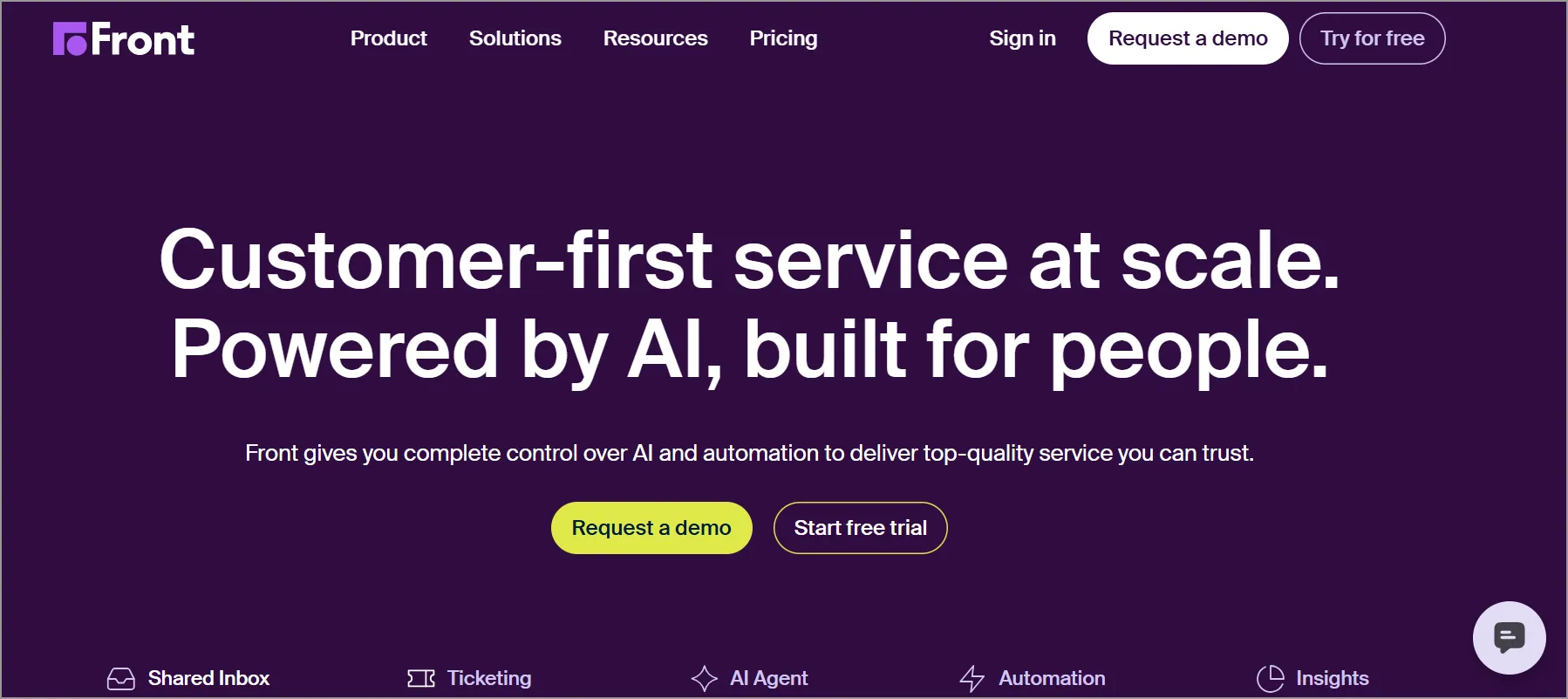 Homepage with soft gradient. Message: 'Customer-first service at scale. Powered by AI, built for people'