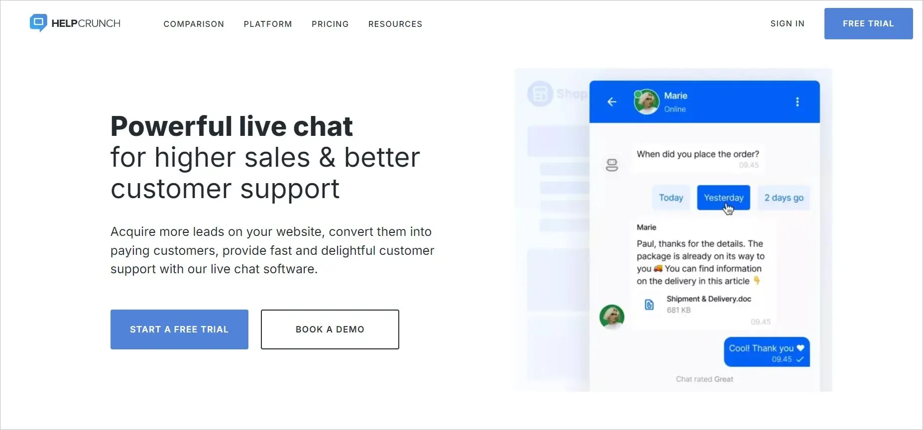 HelpCrunch ecommerce live chat software interface for sales conversations and customer support.