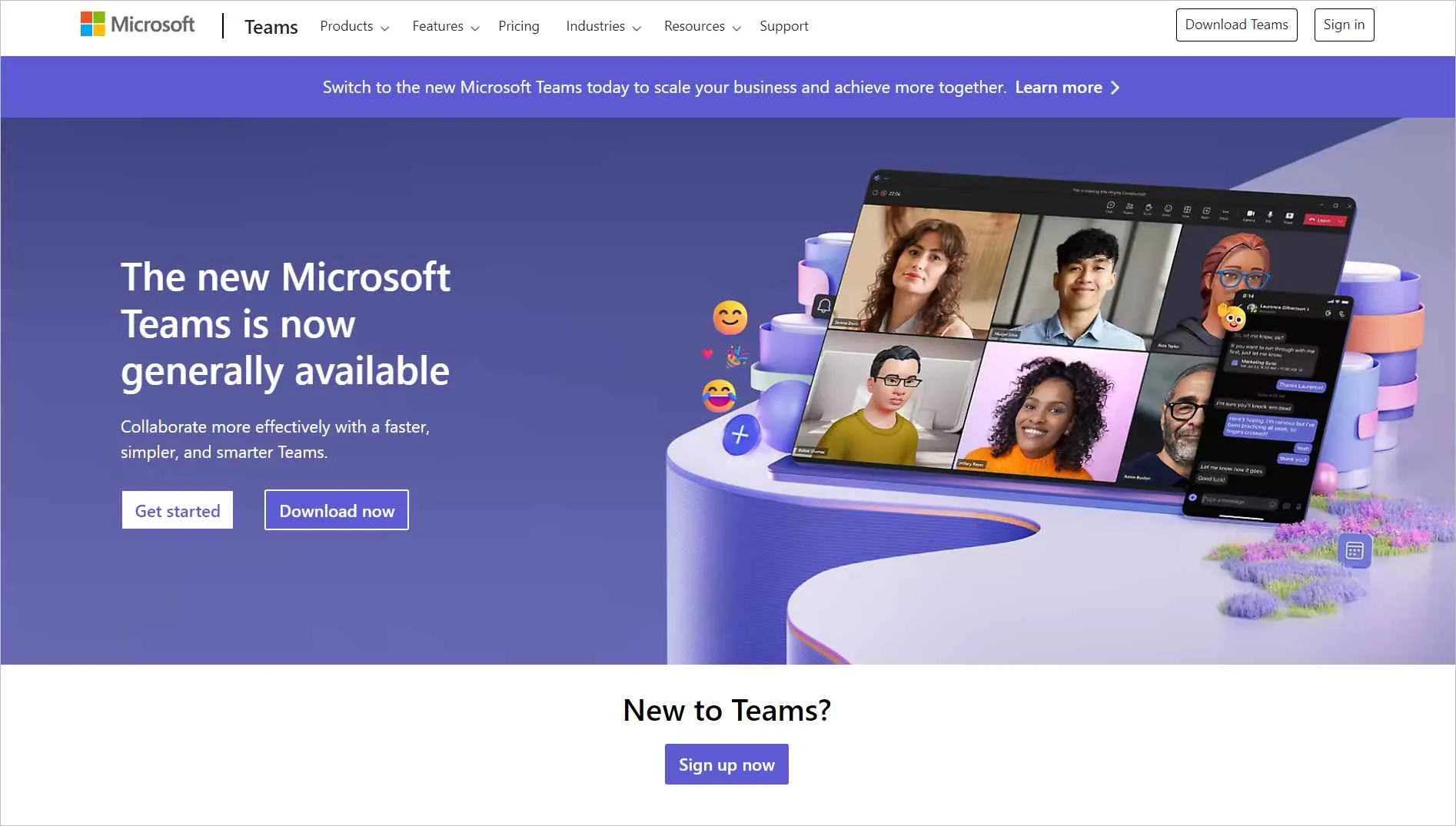 Microsoft Teams homepage showing collaboration tools with virtual meeting on tablet and diverse participant