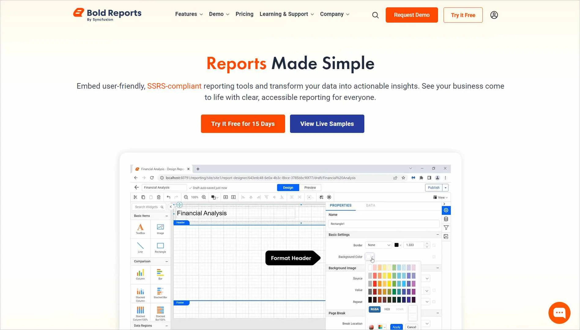 Bold Reports homepage with reporting tools and SSRS compliant report builder, formatting controls, and free trial options