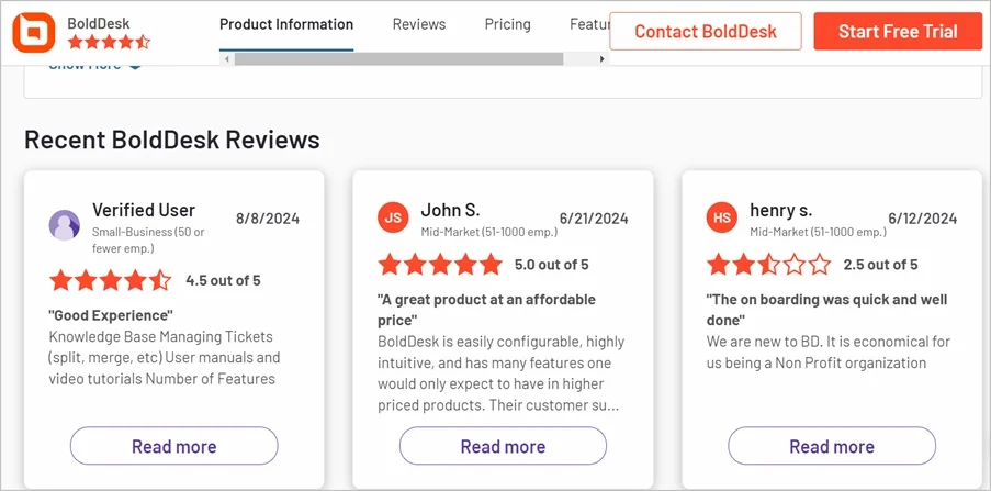 BoldDesk customer support software reviews highlighting help desk features and ticket management