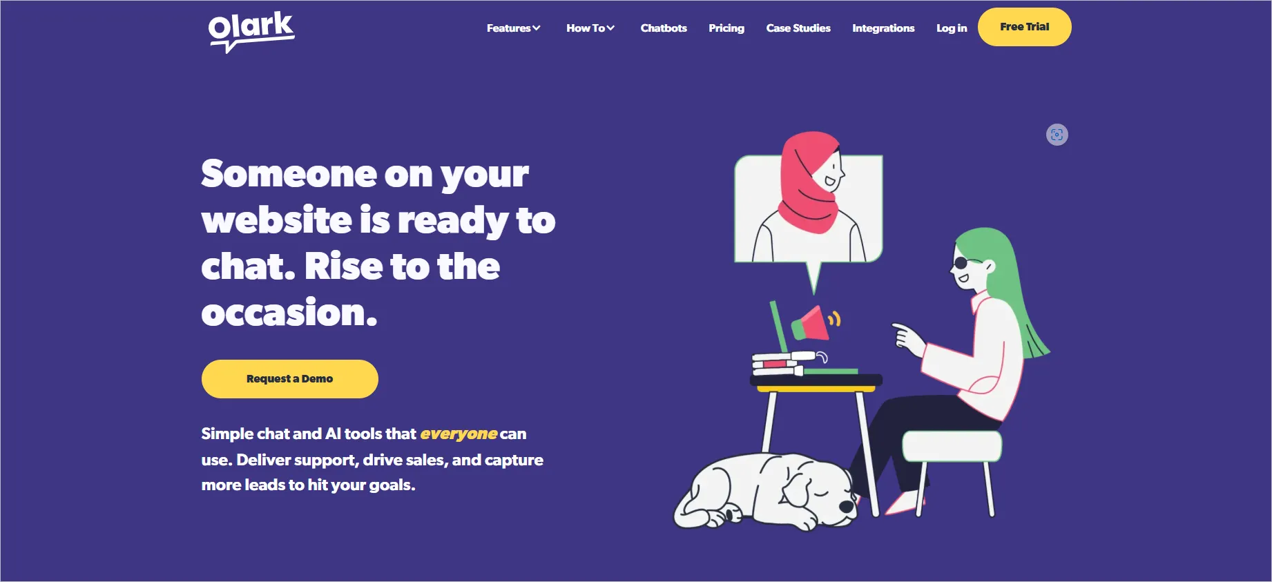 Illustration shows Olark interface: two people chatting online, dog sleeping nearby, text says “Rise to the occasion.”