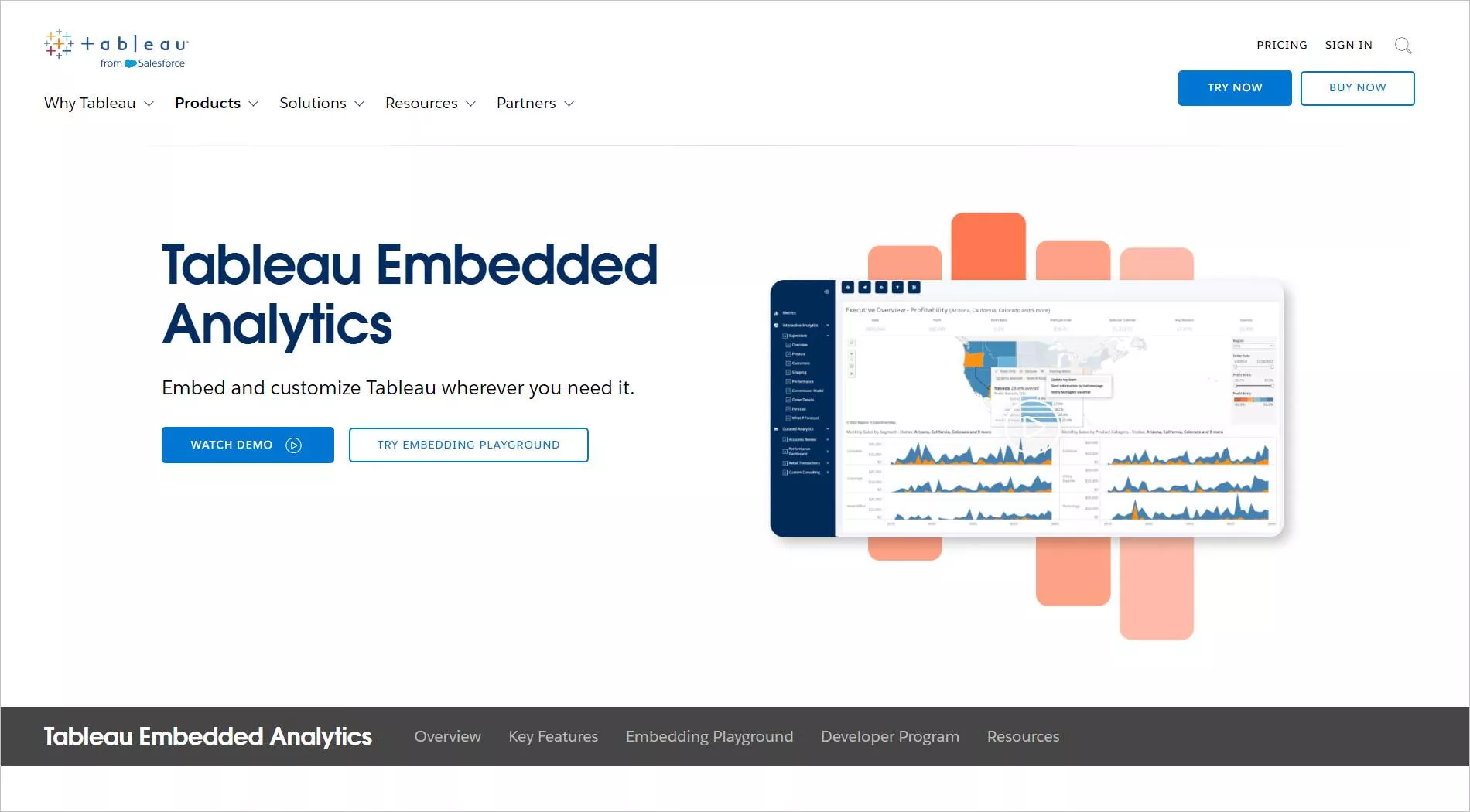 Tableau webpage with the text “Tableau Embedded Analytics” and a preview of analytics dashboards with buttons for a demo