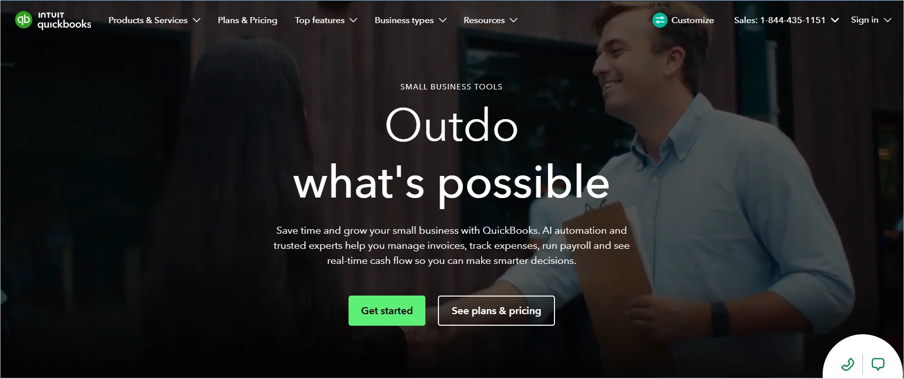 QuickBooks homepage highlighting accounting, invoicing, expense tracking, payroll, and small business management tools