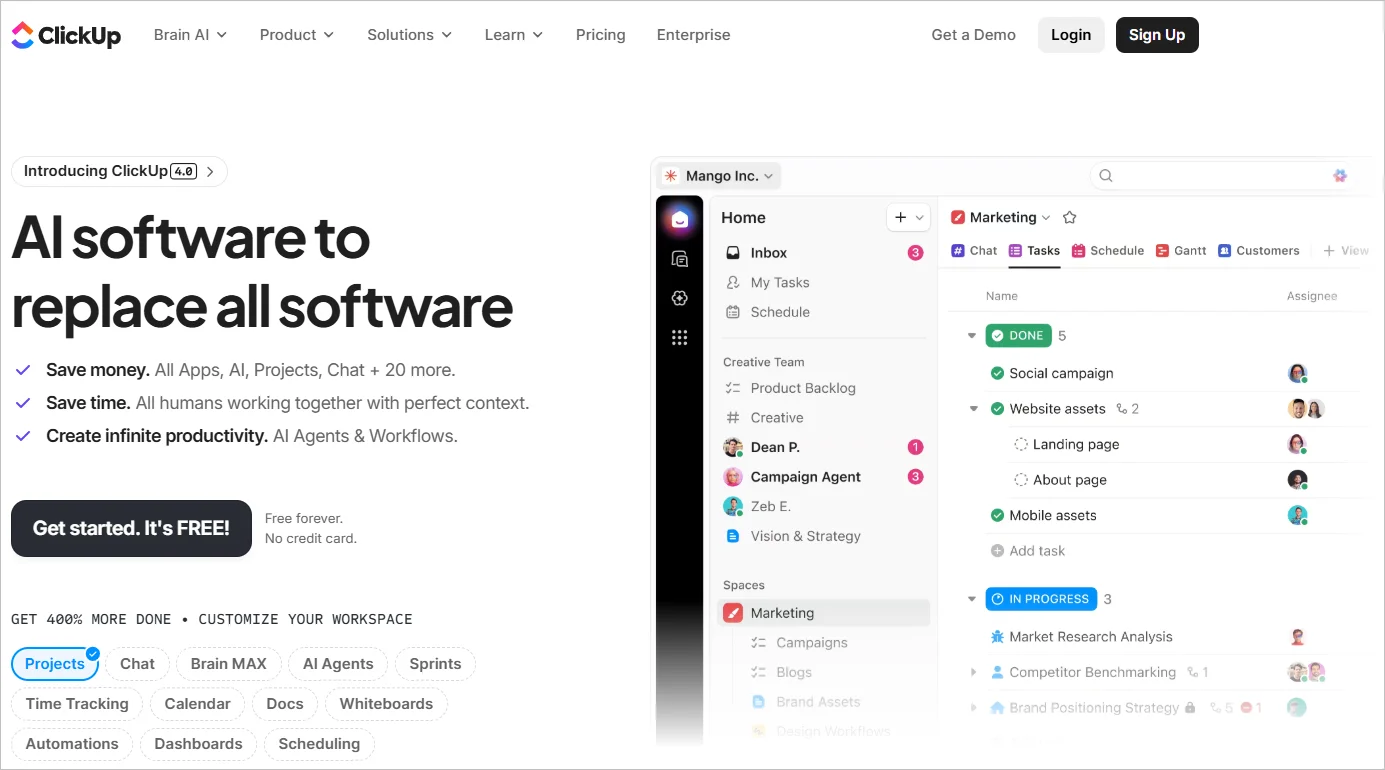 ClickUp homepage showcasing AI-powered project management, task tracking, workflows, and team collaboration tools