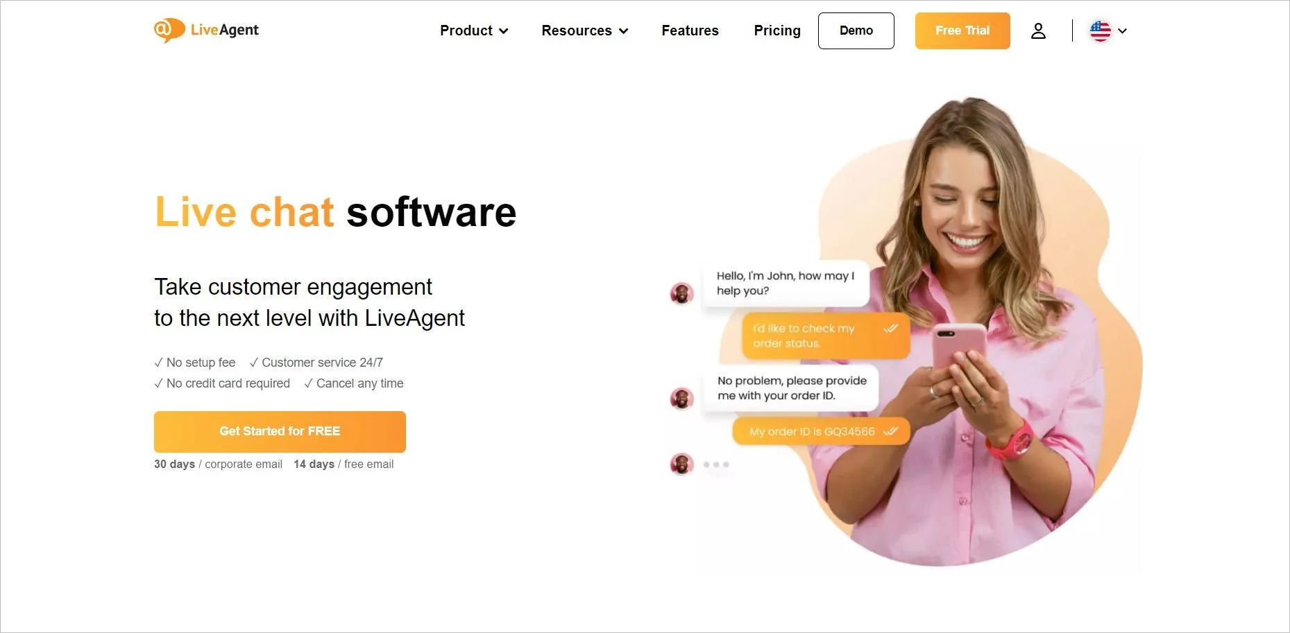 LiveAgent live chat software page with a smiling woman in a pink shirt holding a phone and chat conversations on the sides