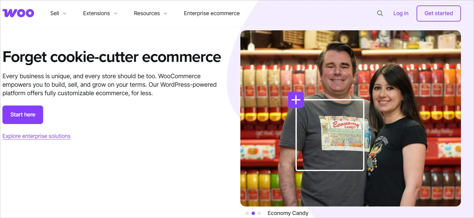WooCommerce webpage with the text “Forget cookie‑cutter ecommerce,” and a background with store shelves and product displays
