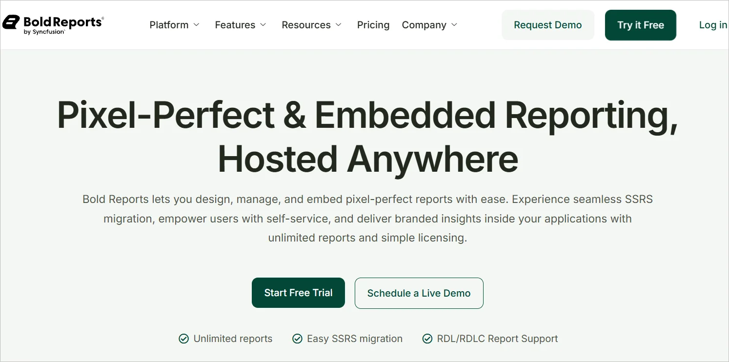 BoldReports webpage displaying “Pixel‑Perfect & Embedded Reporting, Hosted Anywhere” and buttons for free trial or live demo
