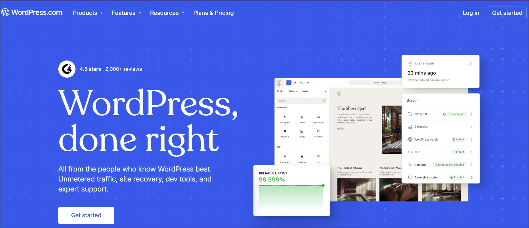 WordPress.com homepage highlighting website creation, hosting, site management tools, and WordPress support features