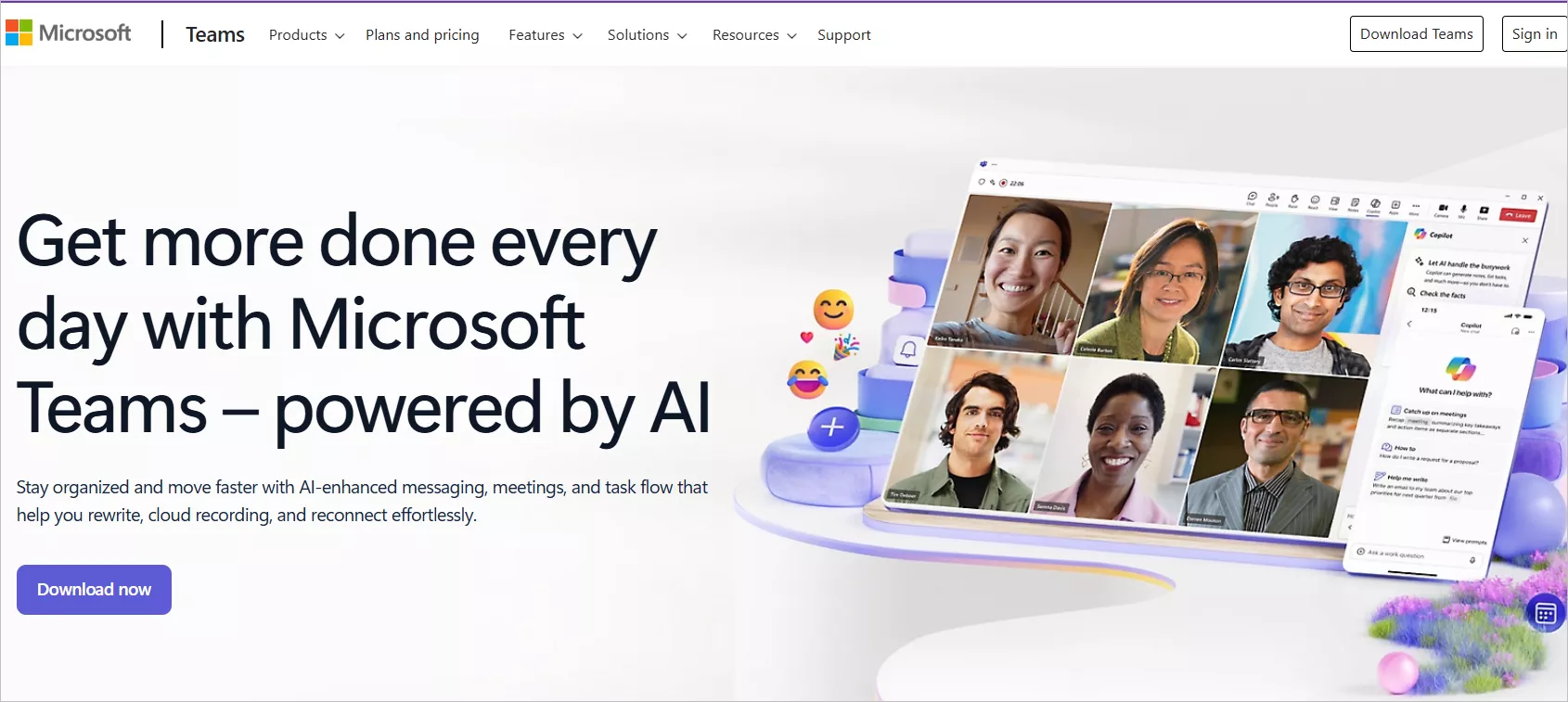 Microsoft Teams homepage featuring AI-powered collaboration tools, video meetings, messaging, and Microsoft Copilot