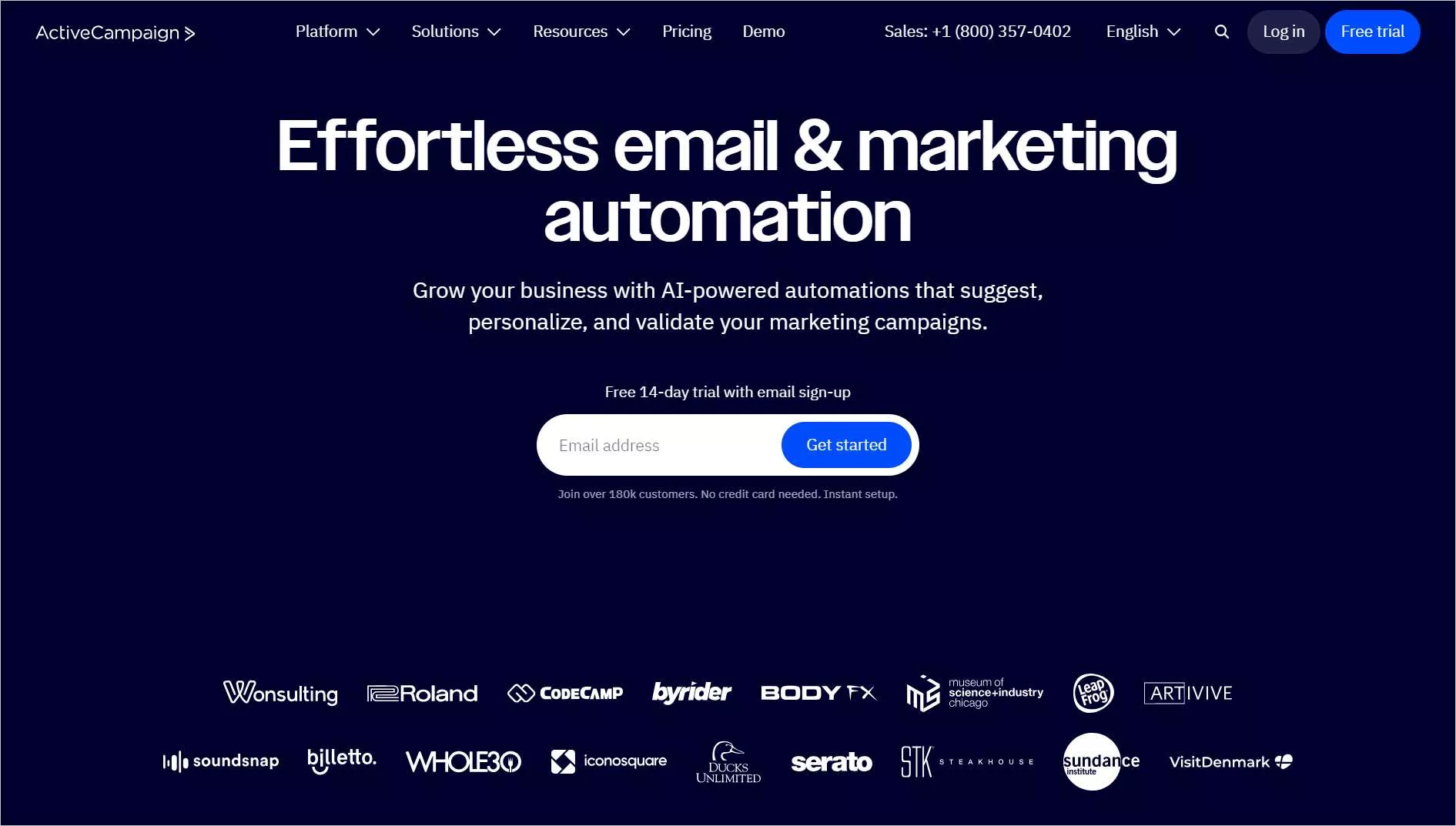 ActiveCampaign homepage showcasing AI-powered email marketing, automation, customer engagement, and campaign management
