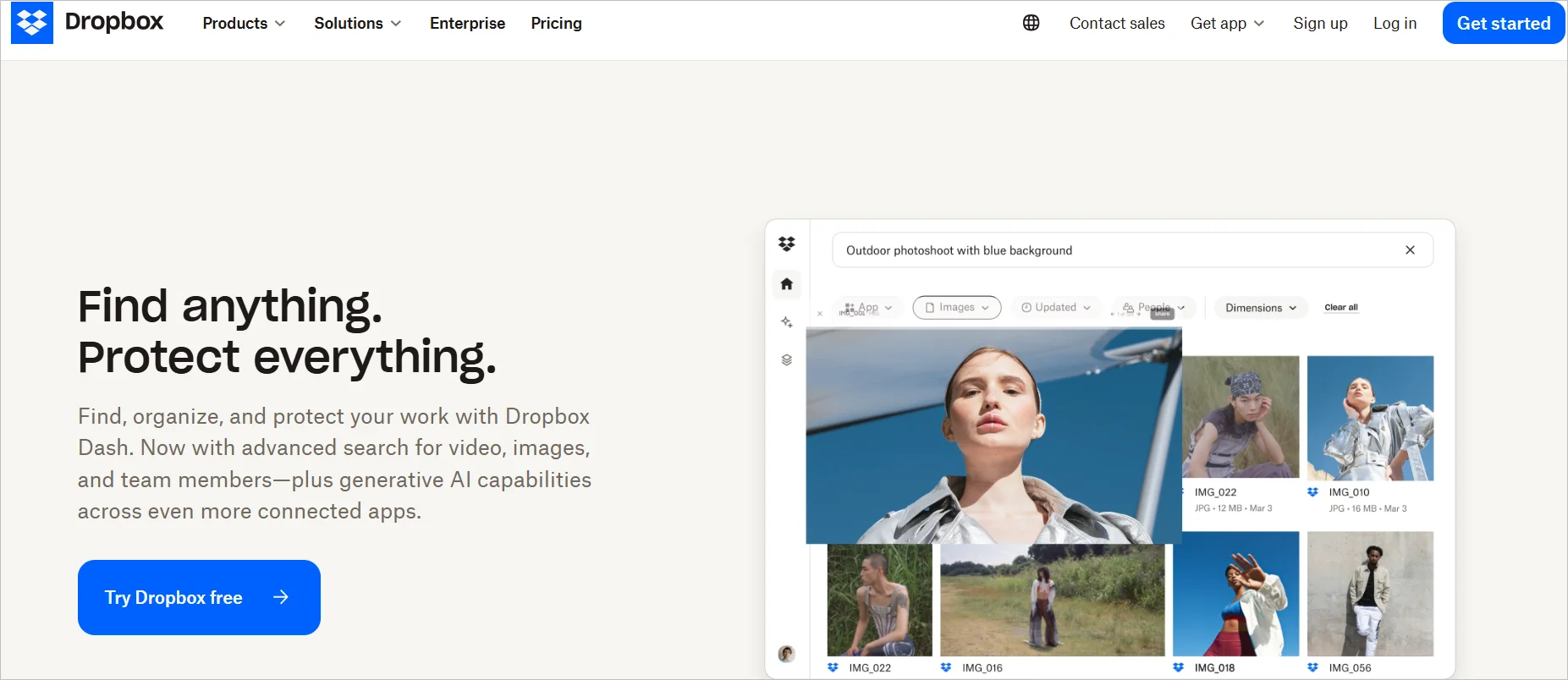 Dropbox homepage showcasing AI-powered search, file organization, document protection, and cloud collaboration tools