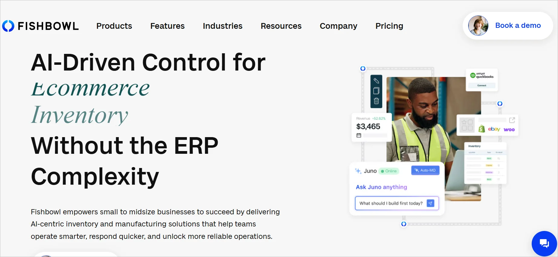 Fishbowl homepage showcasing AI-driven inventory management, ecommerce integrations, and warehouse operations tools