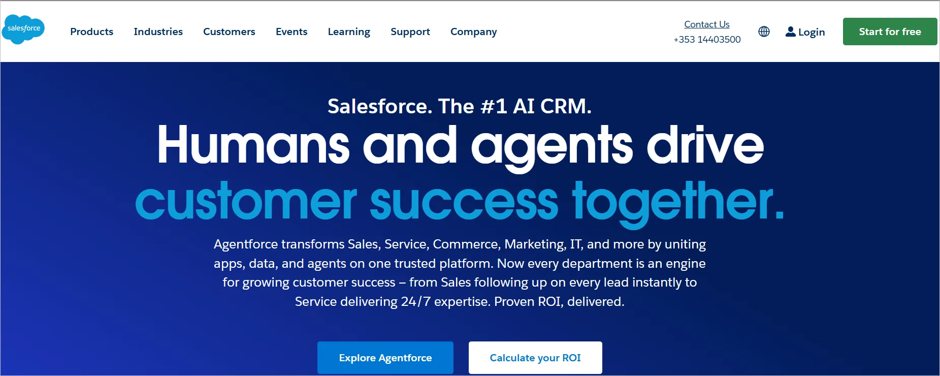Salesforce homepage showing AI CRM, featuring customer success messaging and Agentforce feature buttons