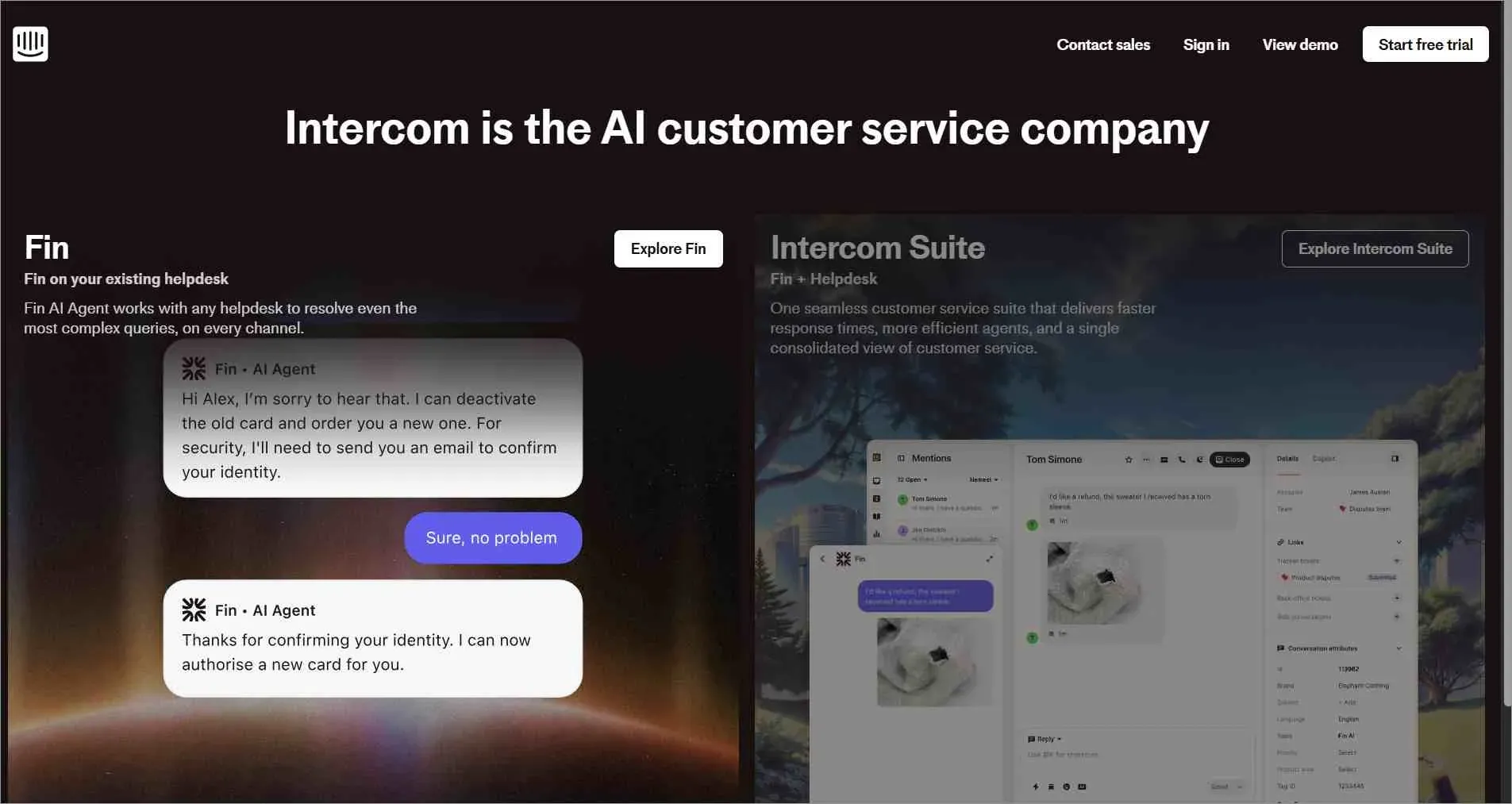 Intercom homepage promoting AI customer service, with AI chat examples, helpdesk previews, and feature buttons