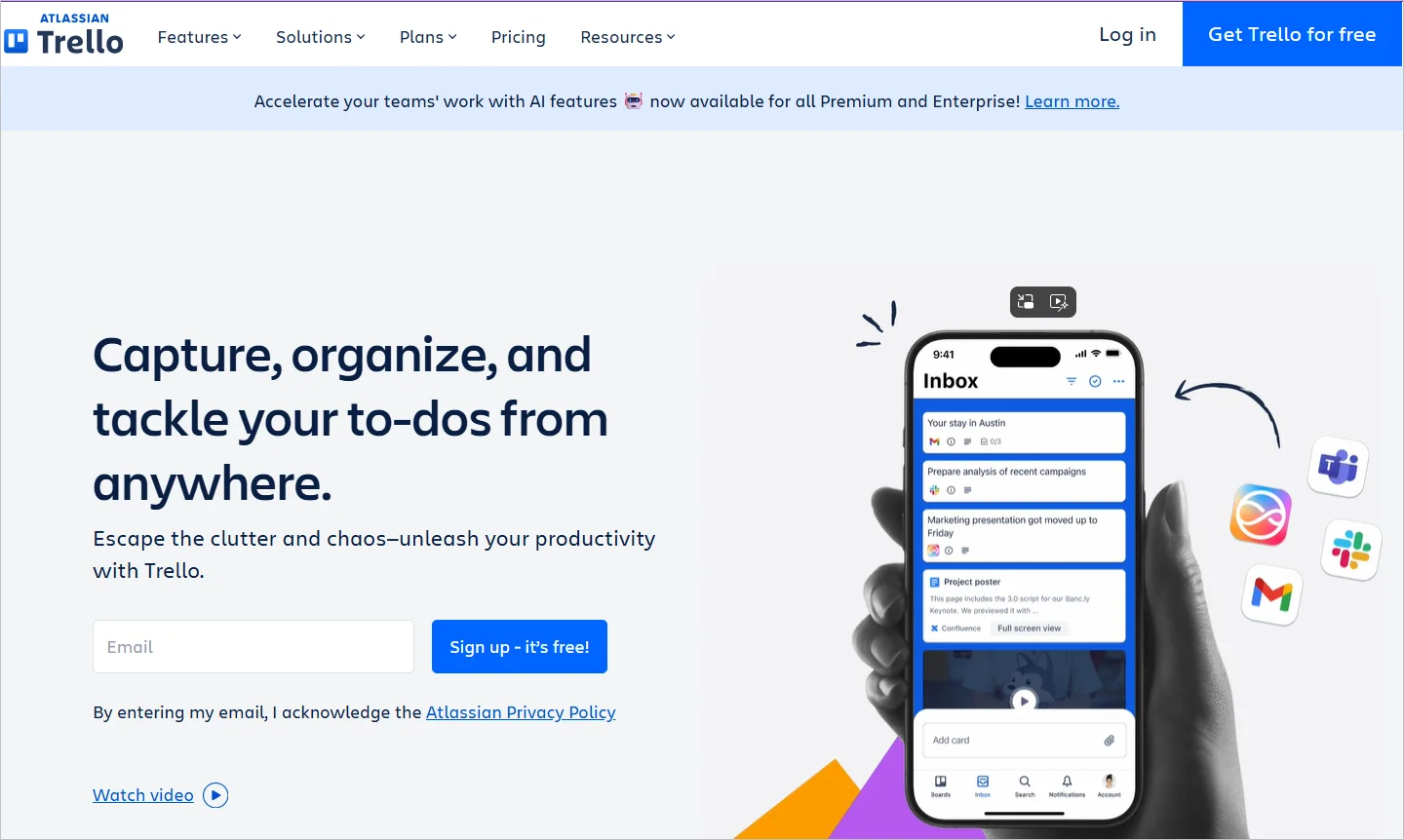 Trello homepage showcasing project management boards, task organization, team collaboration, and productivity tools