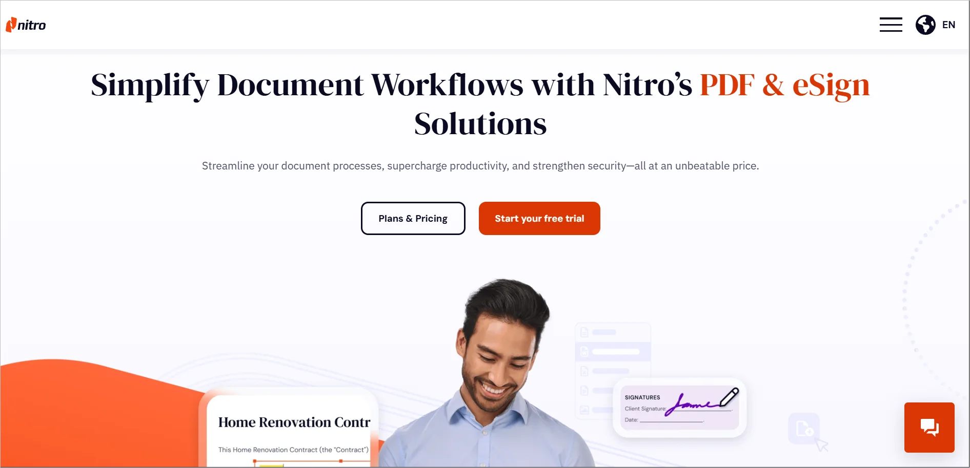 Nitro homepage showcasing PDF editing, e-signatures, document workflows, and digital document management tools