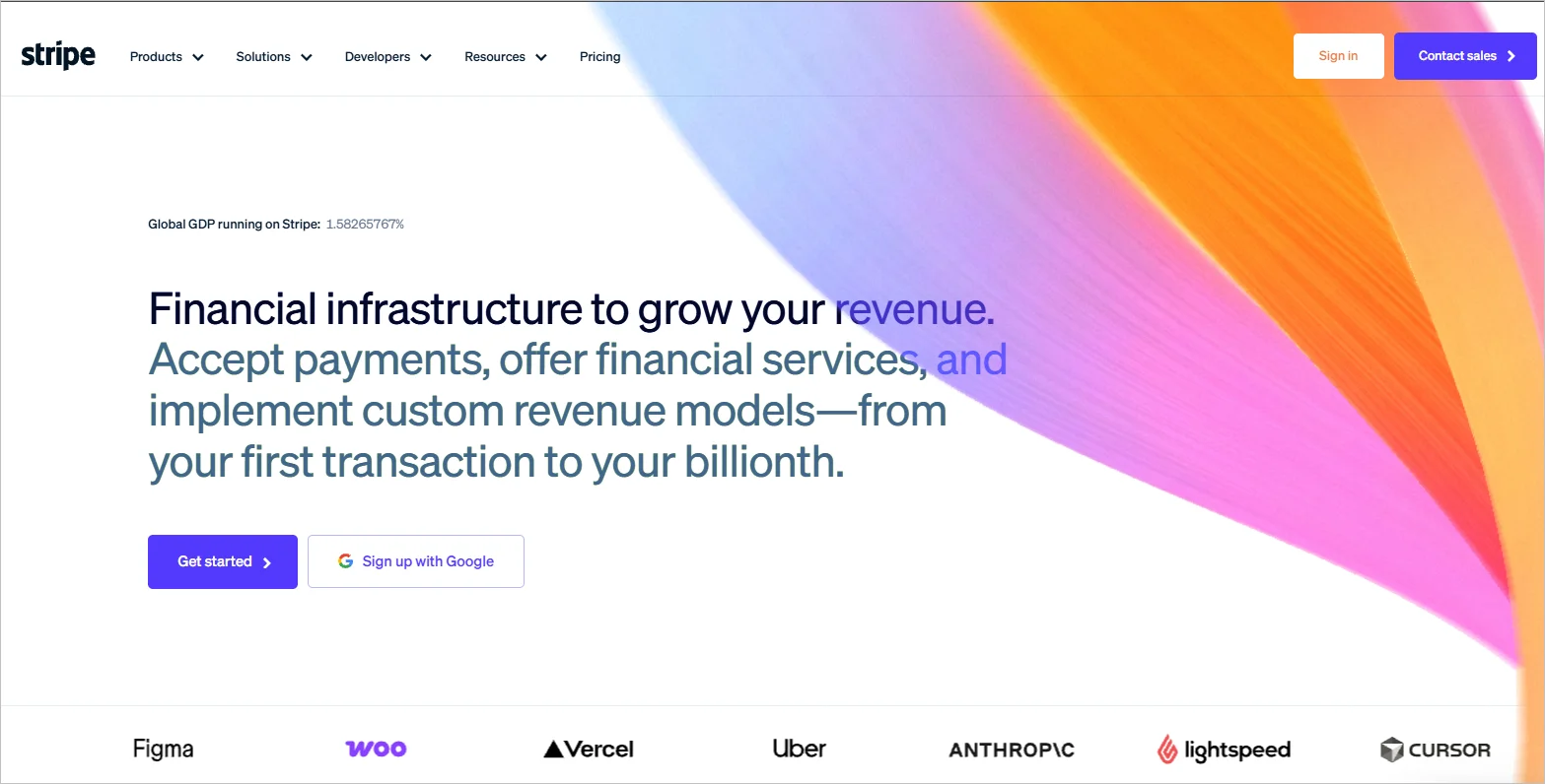 Stripe webpage showing headline about financial infrastructure, payment acceptance, and revenue models