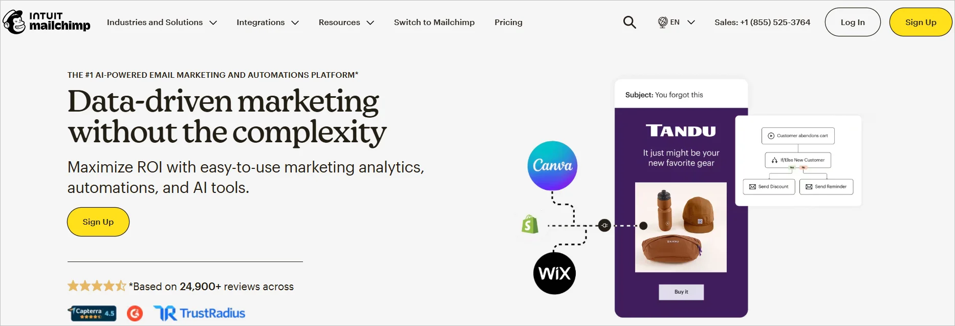 Mailchimp homepage showcasing AI-powered email marketing, automation, analytics, and customer engagement tools