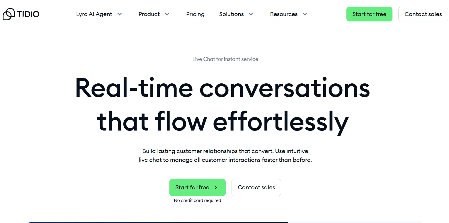 Tidio home page with the headline "Real-time conversations that flow effortlessly"