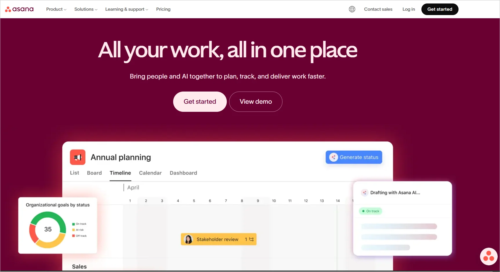 Asana homepage highlighting AI-powered project management, task tracking, planning, and team collaboration tools
