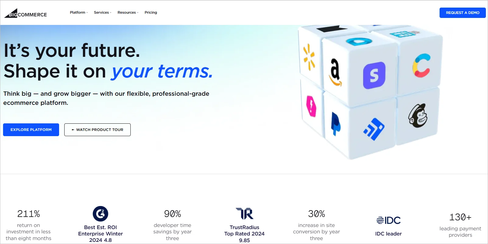 BigCommerce webpage with the headline “It’s your future. Shape it on your terms.” and a cube displaying partner logos