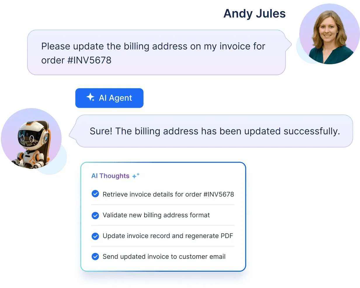 A chat interface where an AI agent updates a billing address and displays automated steps for completing the invoice update