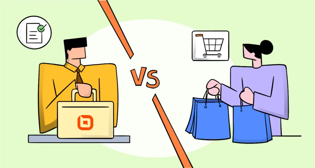 Person in with briefcase and another in purple with shopping bags on a green background, suggest client vs customer concept