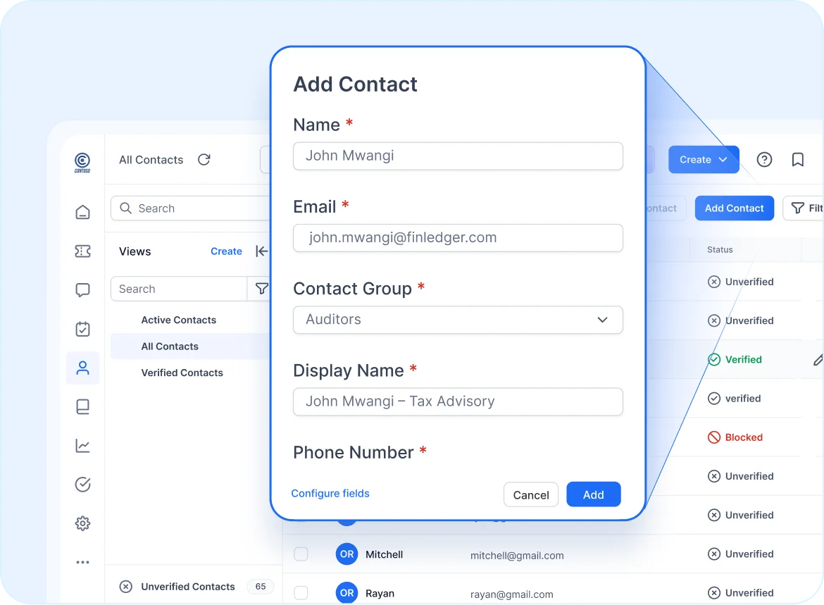 BoldDesk’s contact management interface showing fields for name, email, contact group, display name, and phone number
