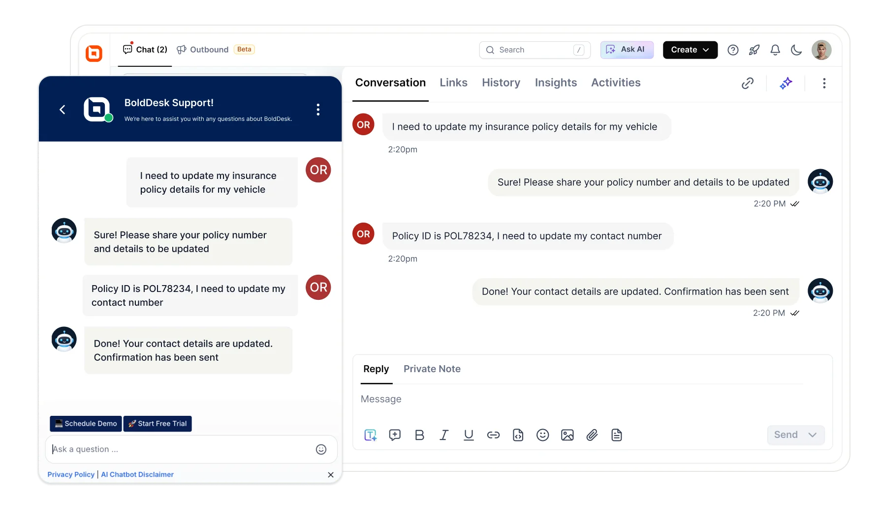 AI chatbot updates insurance policy contact details and confirms the change across support channels.