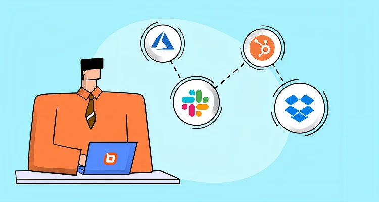 Illustration of a laptop user with connected icons for Azure, Slack, HubSpot, and Dropbox integrations.