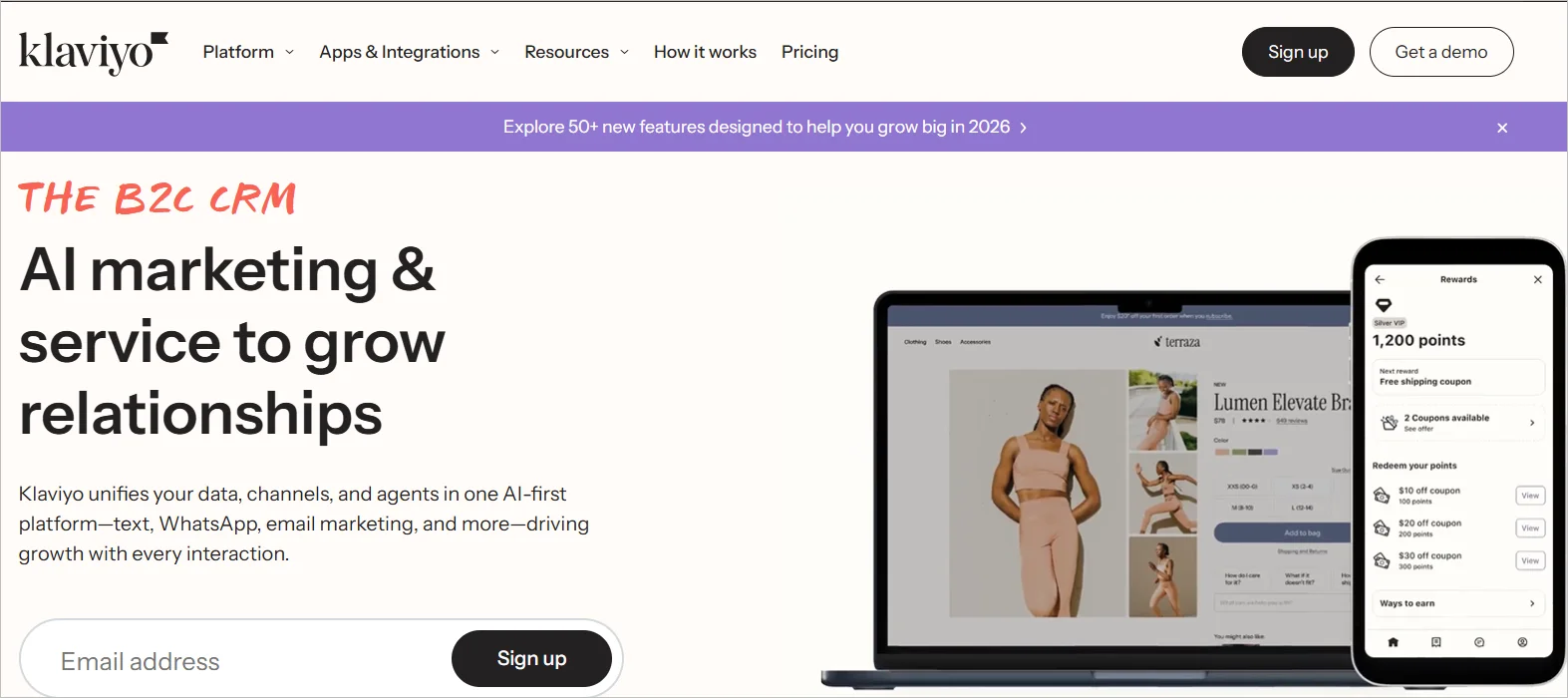 Klaviyo homepage showcasing AI-powered marketing automation, customer engagement, and omnichannel CRM tools
