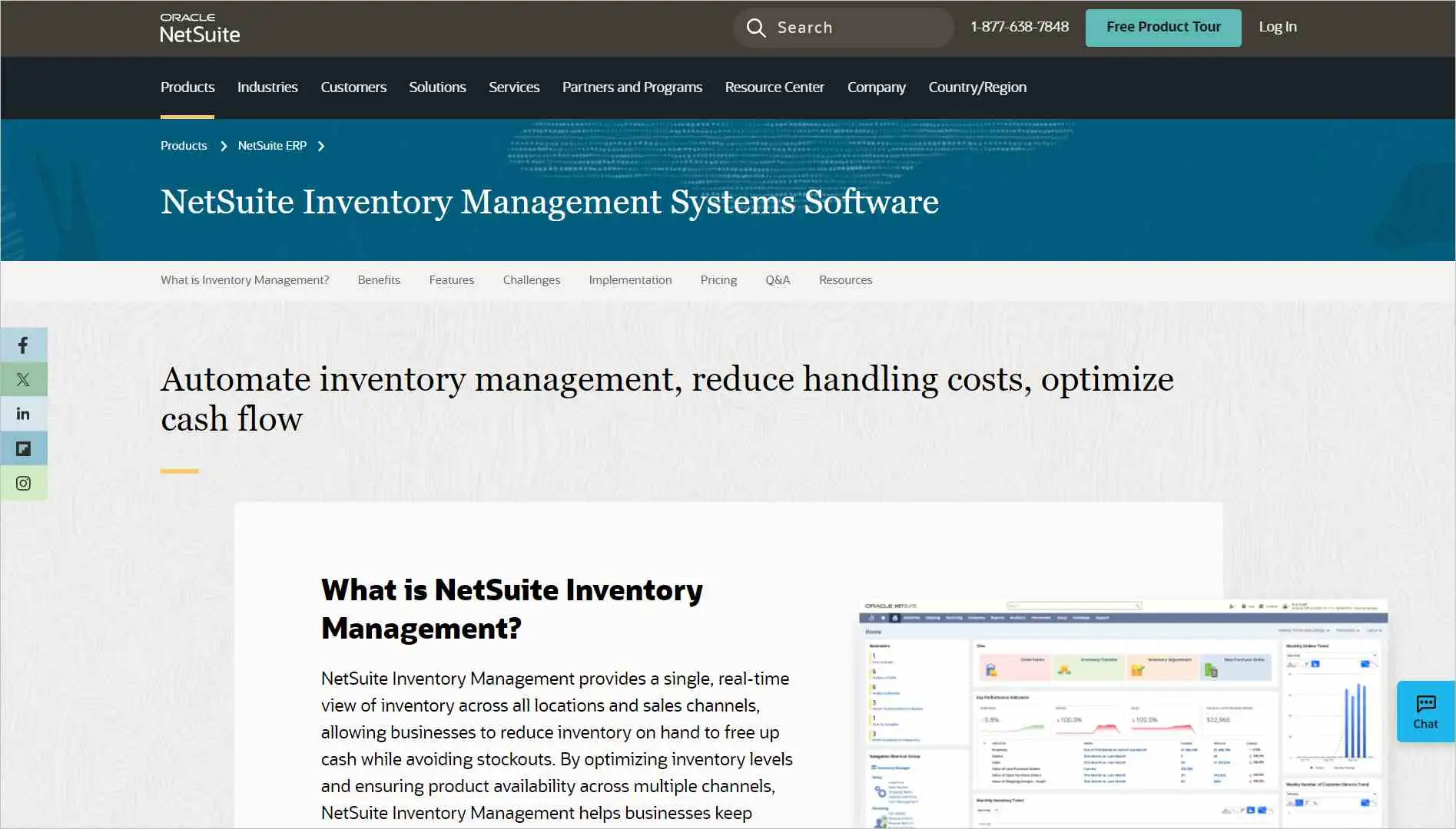 NetSuite Inventory Management homepage highlighting inventory tracking, automation, reporting, and operations management