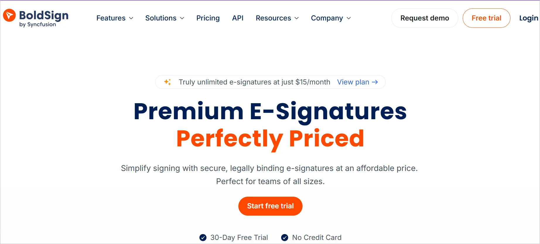 BoldSign homepage highlighting affordable e-signatures, secure document signing, and a 30-day free trial