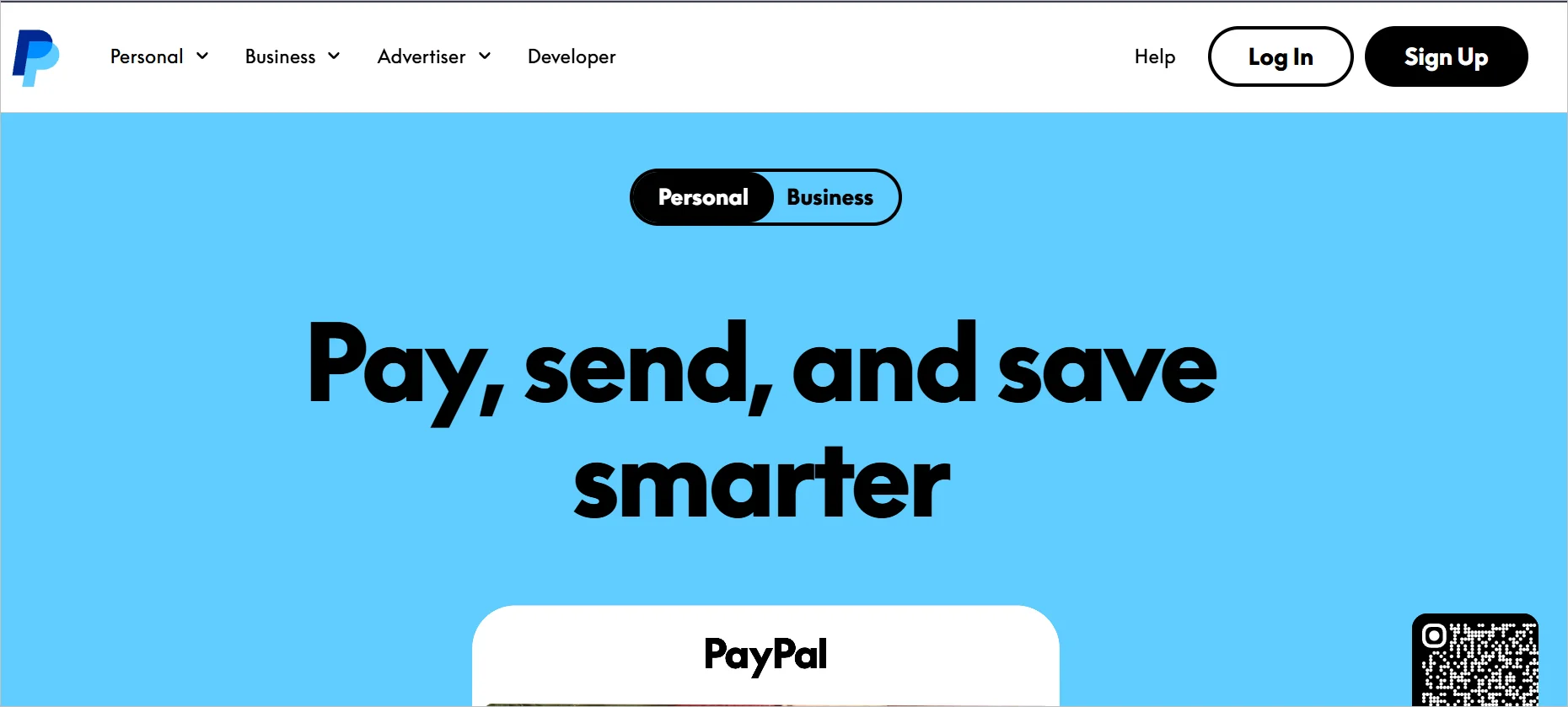 PayPal webpage showing a blue header with the text “Pay, send, and save smarter” and navigation links login and sign‑up