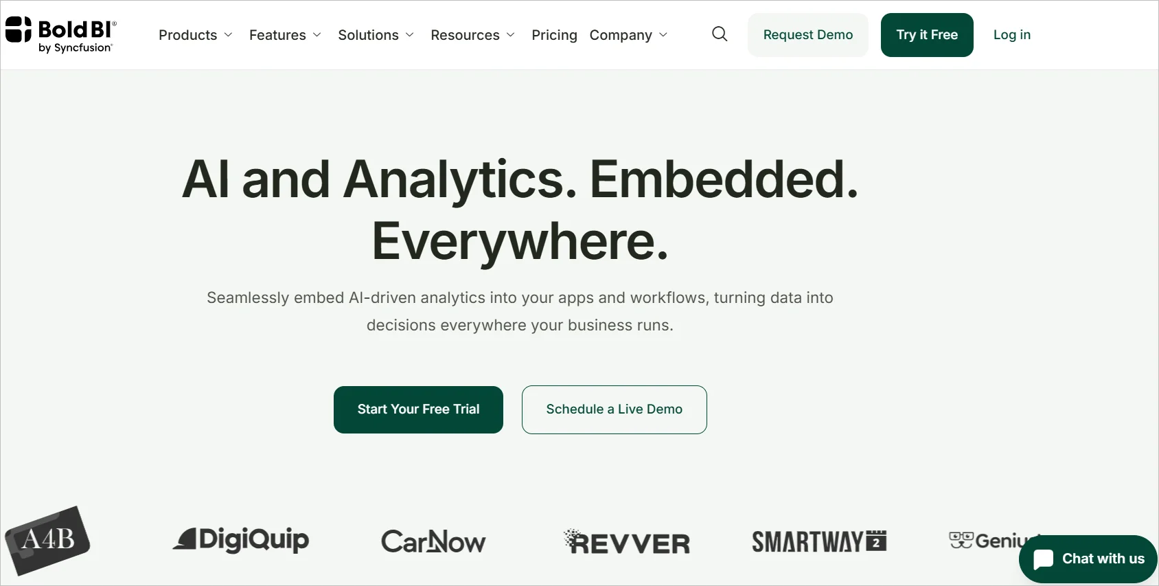 BoldBI webpage displaying the headline “AI and Analytics. Embedded. Everywhere.” with buttons for free trial and live demo