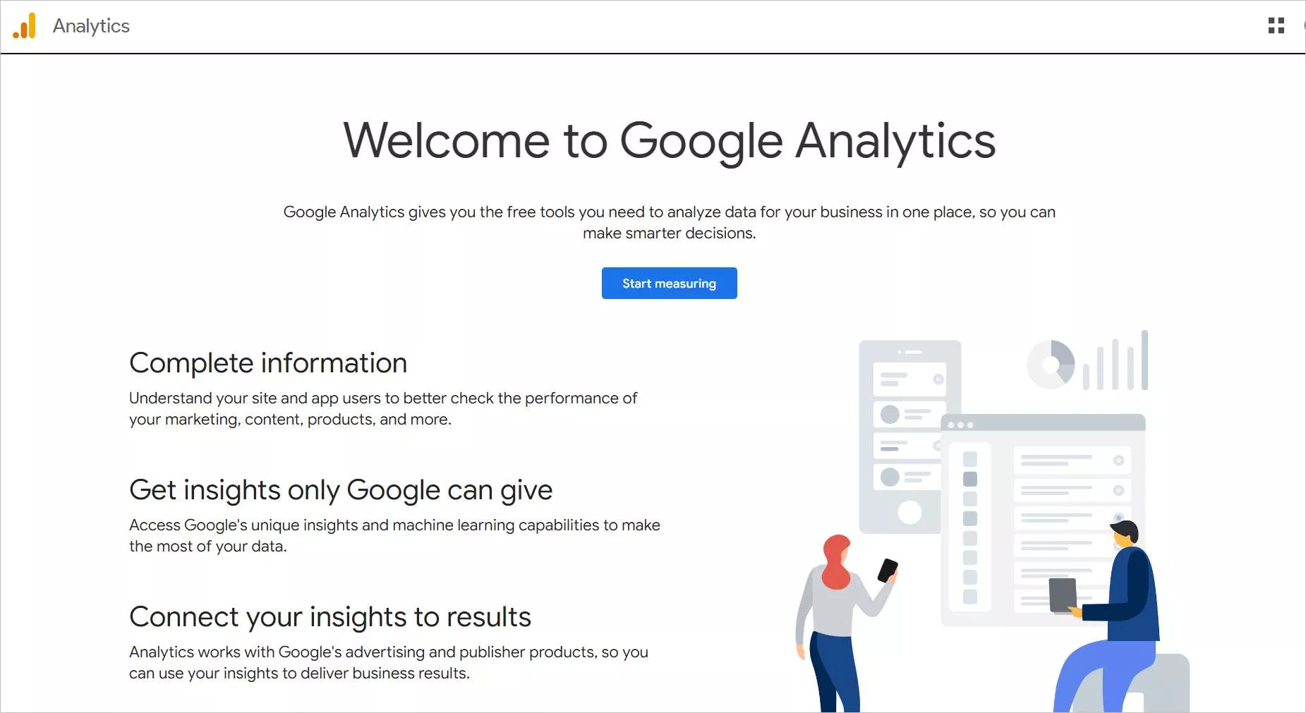 Google Analytics webpage with the heading “Welcome to Google Analytics,” feature summaries, and “Start measuring” button