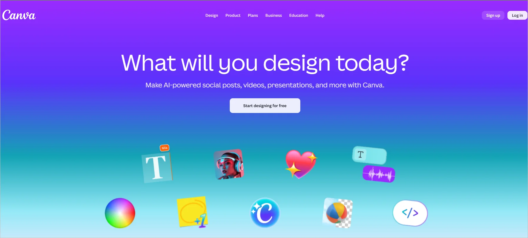 Canva homepage showcasing AI-powered design tools for creating social media posts, videos, presentations, and graphics