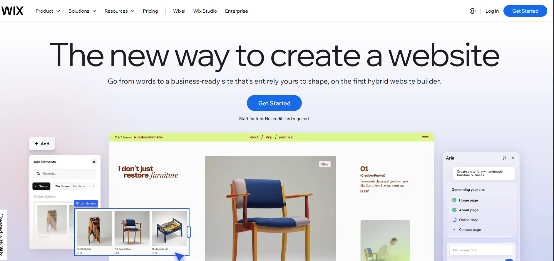 Wix homepage showcasing AI-powered website creation, drag-and-drop design tools, and customizable website templates