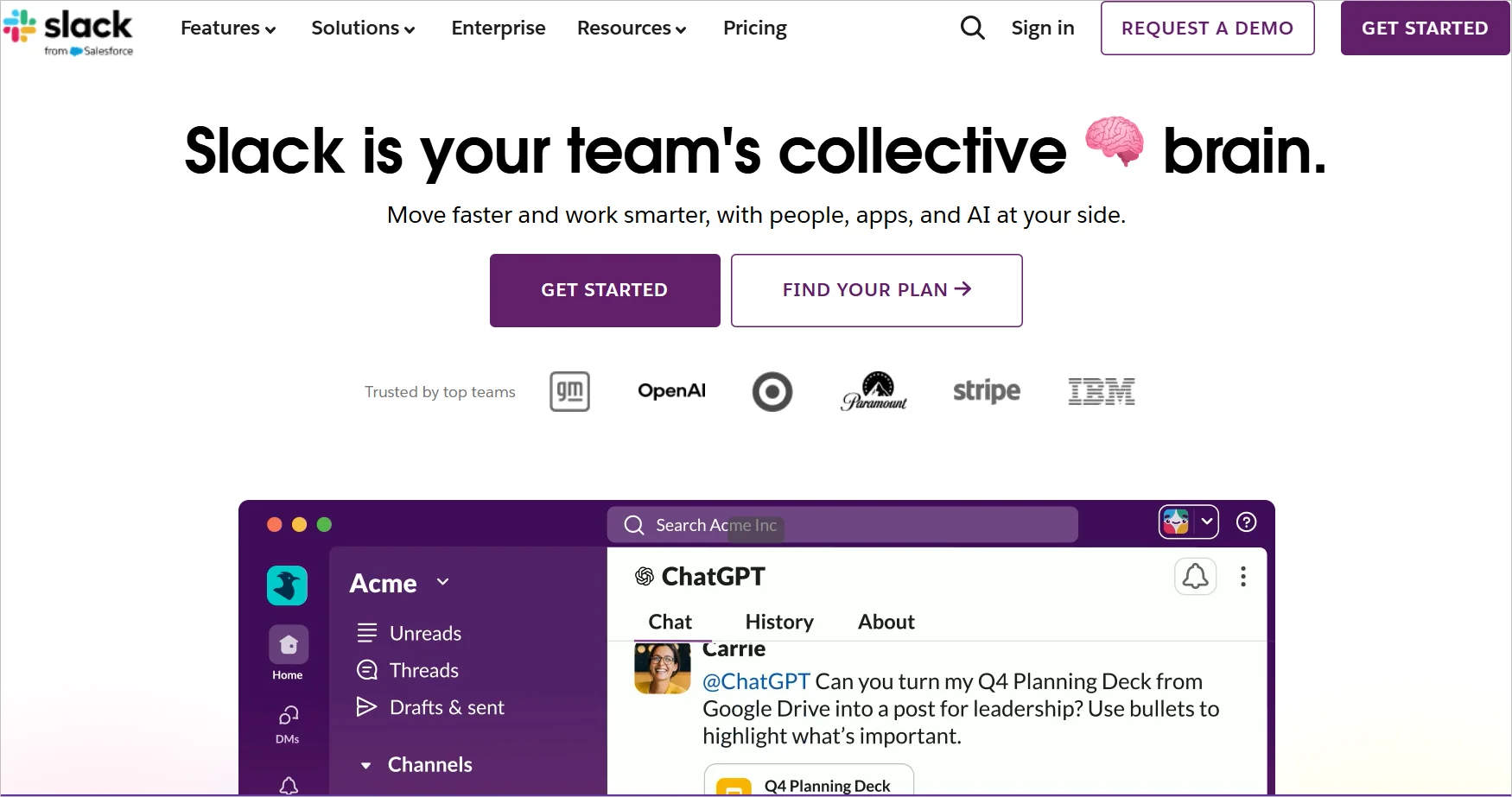 Slack homepage highlighting AI-powered team collaboration, messaging, integrations, and workspace productivity tools