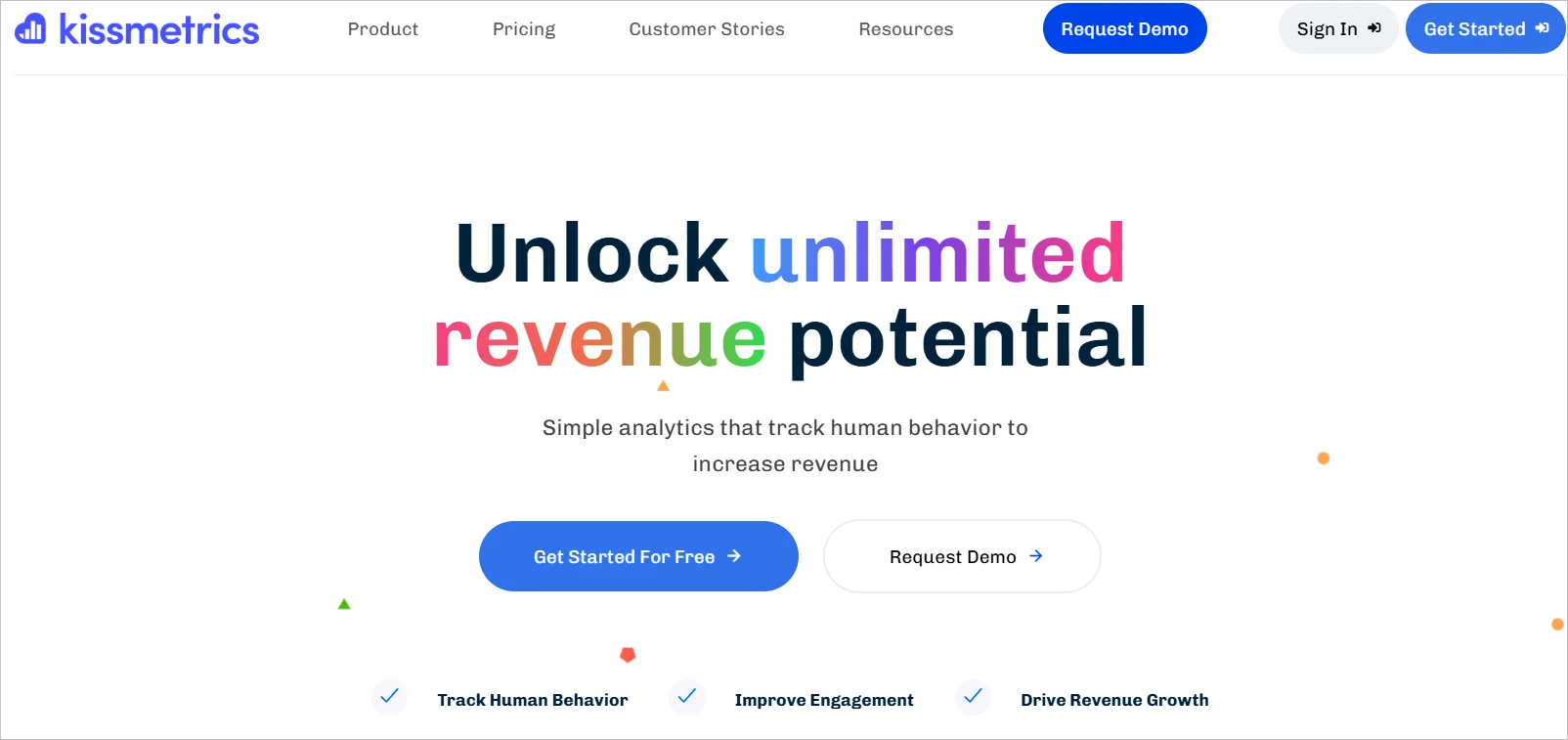 Kissmetrics webpage with the headline “Unlock unlimited revenue potential,” and buttons to get started or request a demo