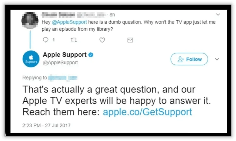 Twitter exchange showing social media customer service reply from Apple Support offering help for a TV app issue