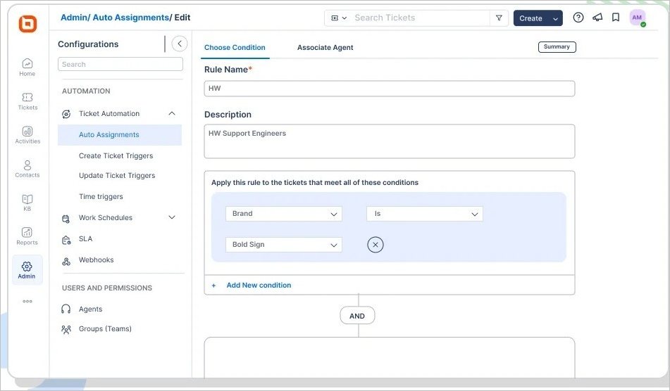 Admin panel showing an auto‑assignment rule with fields for name, description, and conditions like ‘Brand is Bold Sign’ in a help desk system.