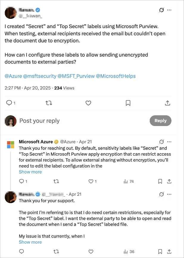 Twitter thread showing social media customer service reply from Microsoft Azure explaining Purview encryption settings
