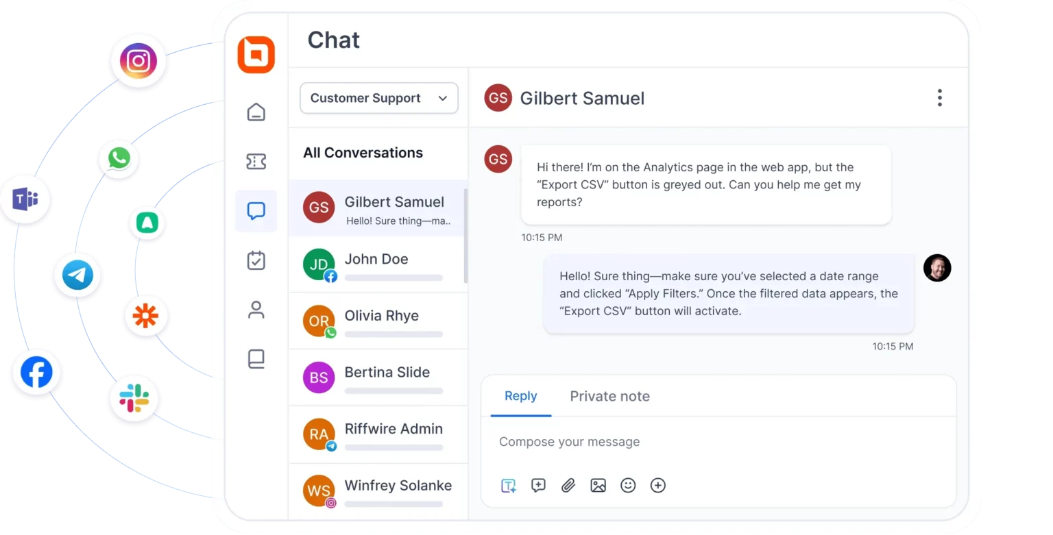 BoldDesk omnichannel chat interface showing unified customer conversations from multiple messaging platforms