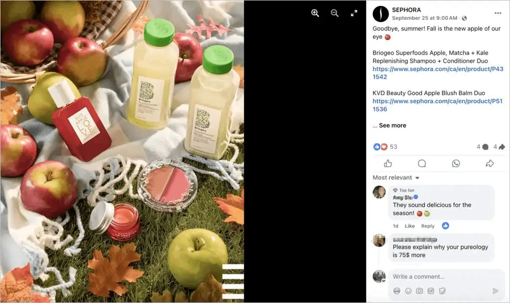 Sephora social media post featuring fall-themed beauty products arranged with apples and autumn leaves