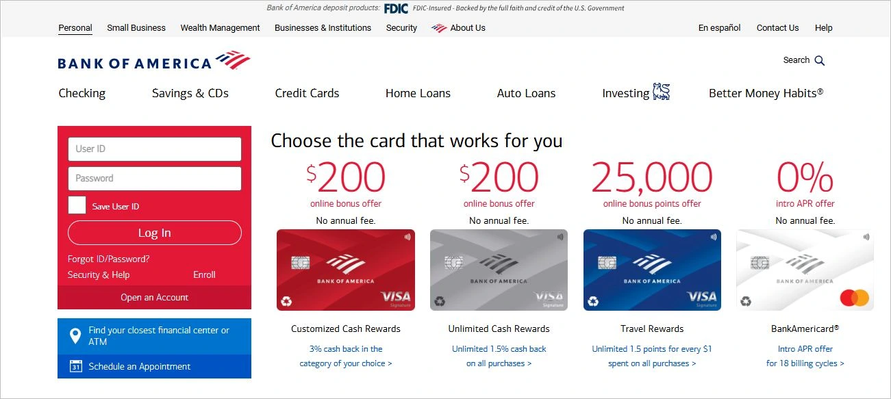 Bank of America providing online banking customer service with digital account management