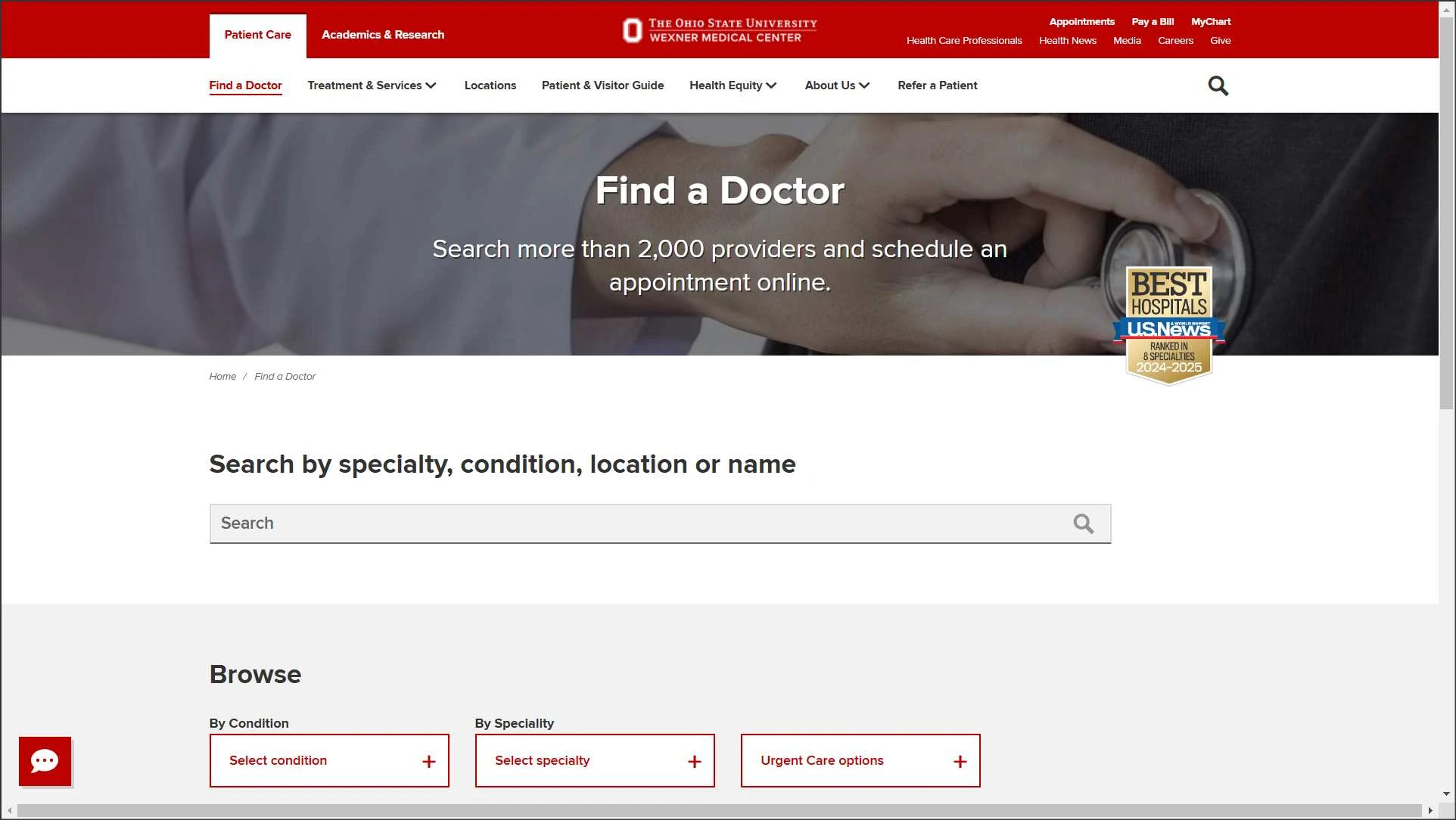 Wexner Medical Center Find a doctor page showing provider search by specialty, condition, or location with award recognition.