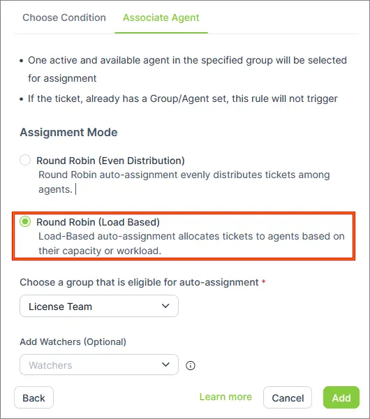 UI shows ticket assignment with “Round Robin (Load Based)” selected to balance ticket load among available agents.