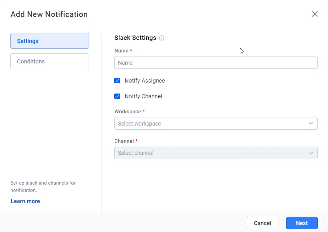 Slack integration UI showing notification setup with name, workspace, channel, and condition options in form layout.